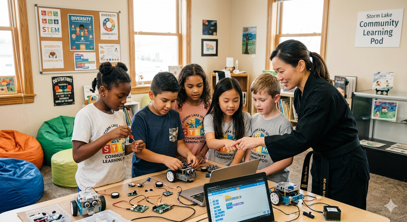 Diverse group of students in a small community learning pod collaborating on a robotics project with a martial arts instructor guiding them