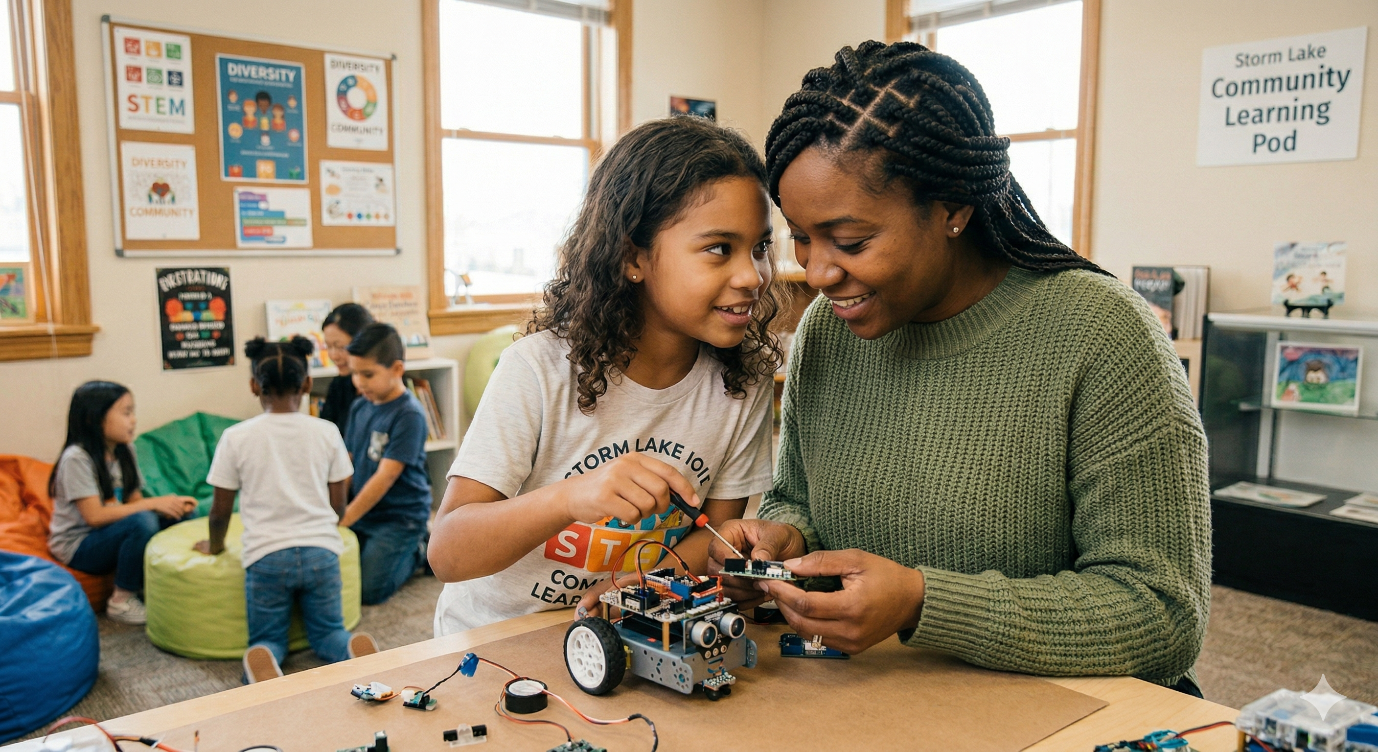 Parent and child working together on a project at a community learning center showing direct parent involvement in education