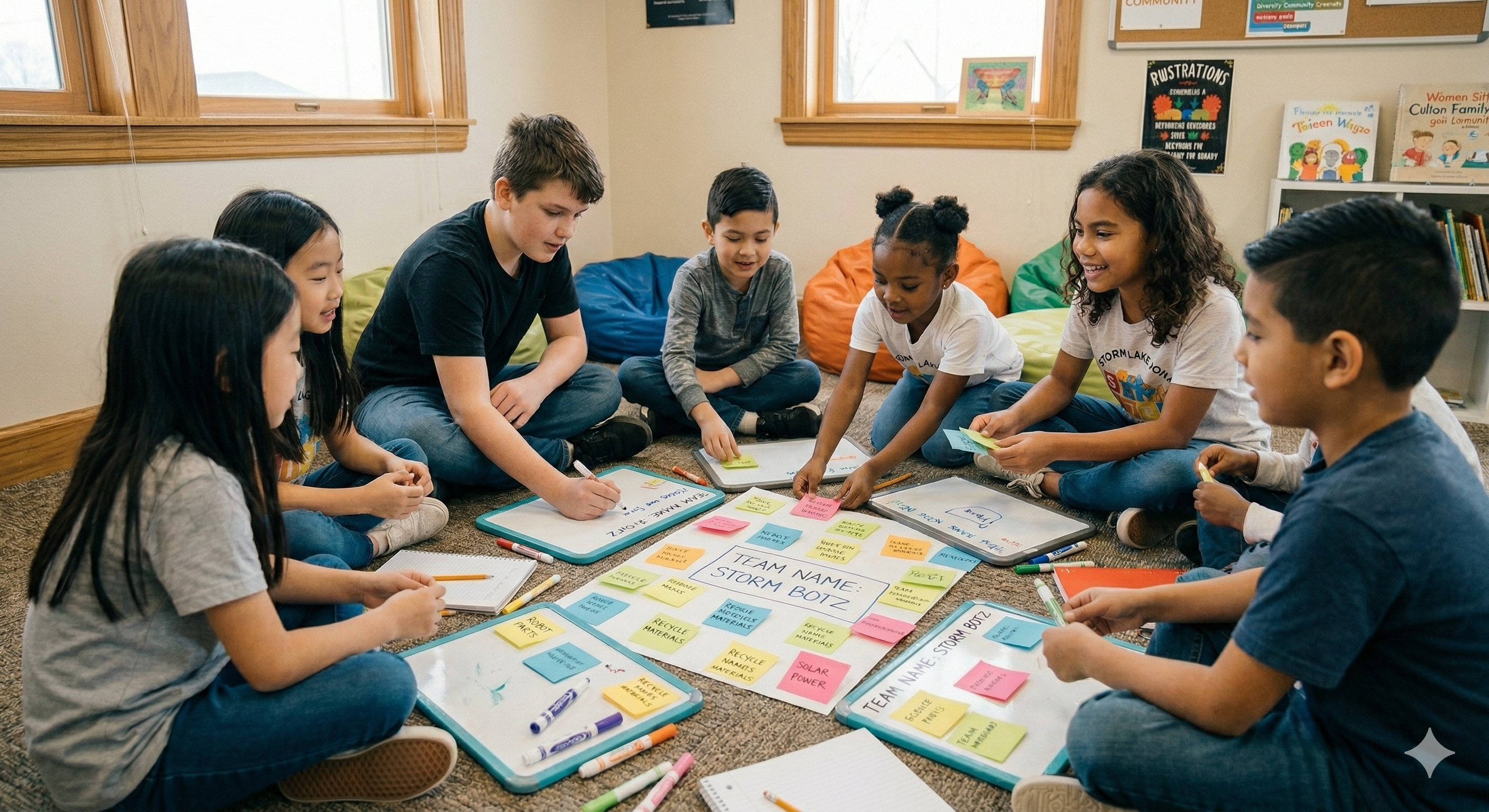 Small group of students sitting in a circle brainstorming together with sticky notes and whiteboards
