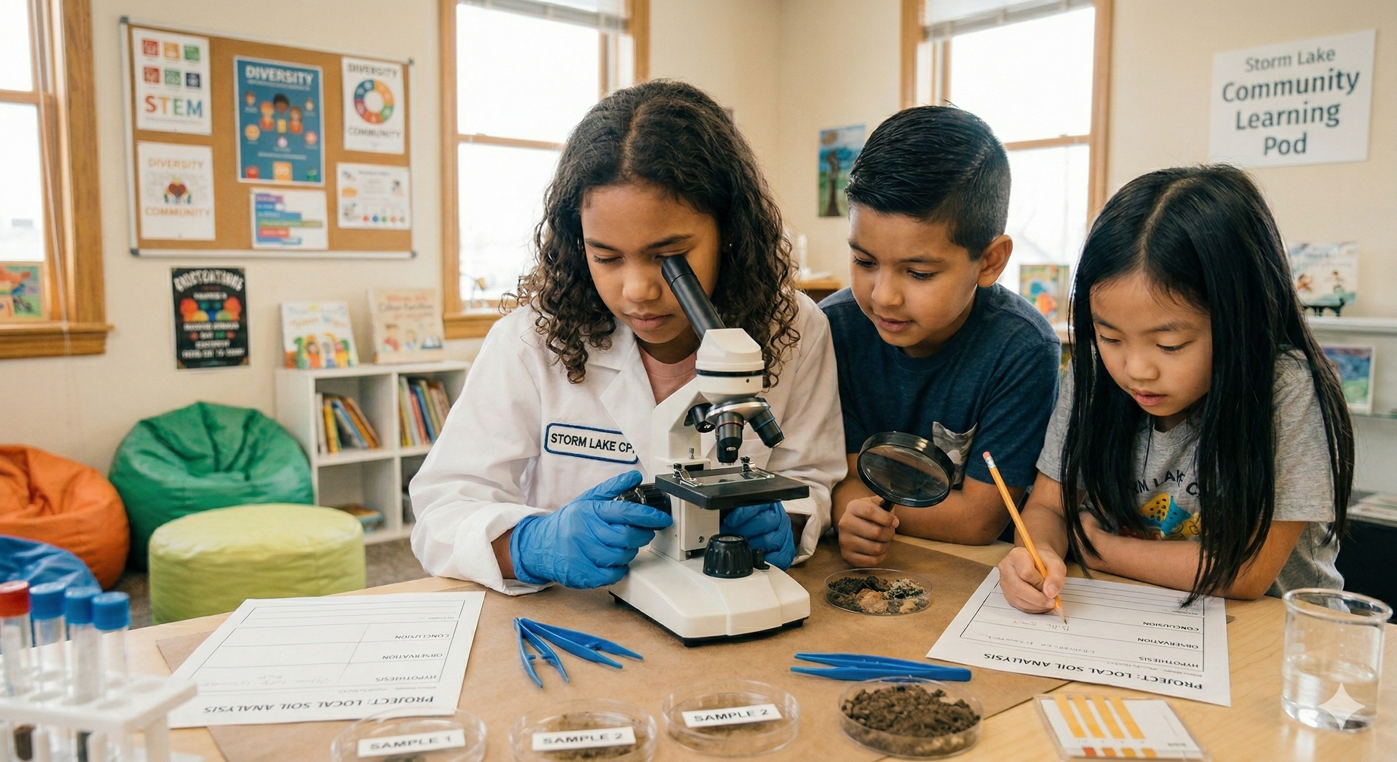 Student examining something closely during a hands-on science experiment with focused expression