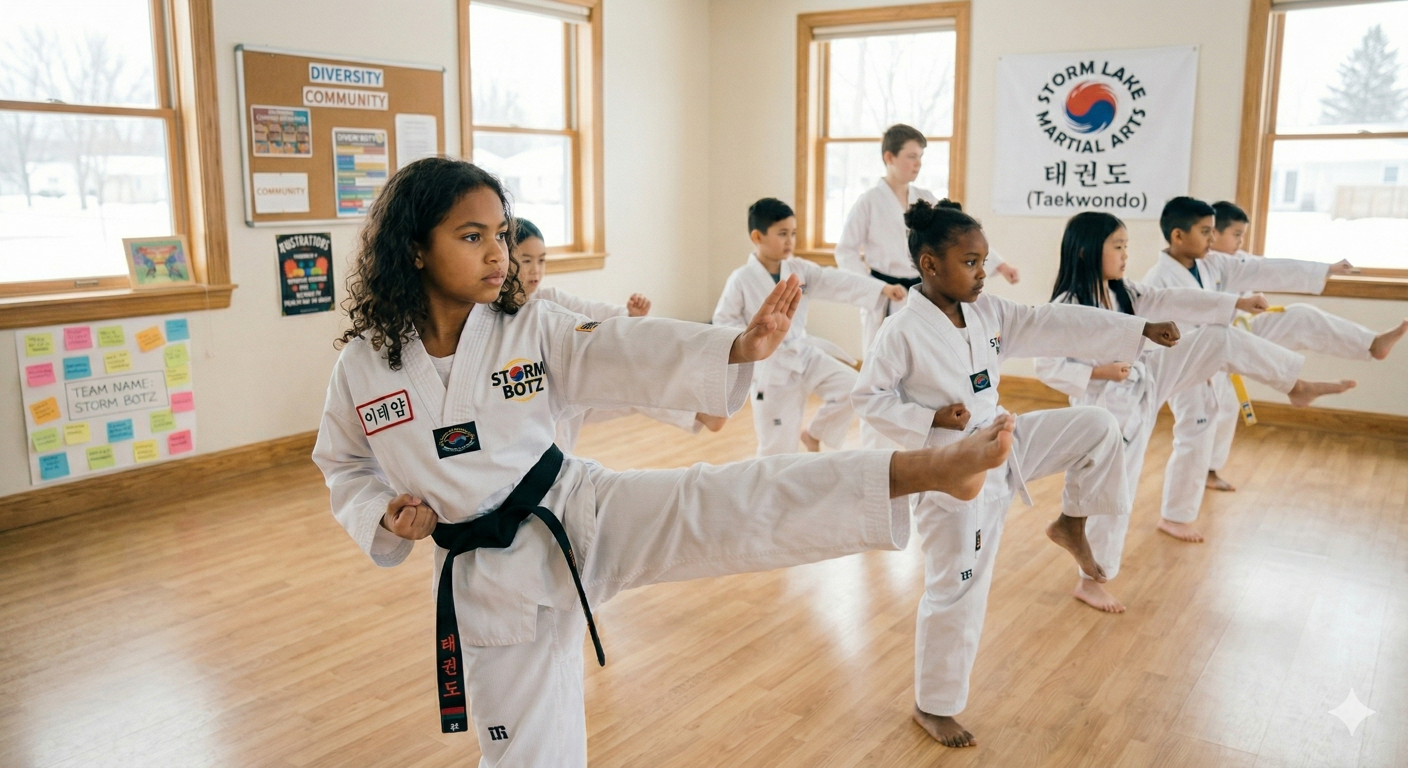 Young student in a martial arts uniform confidently leading a group activity in a bright dojo setting