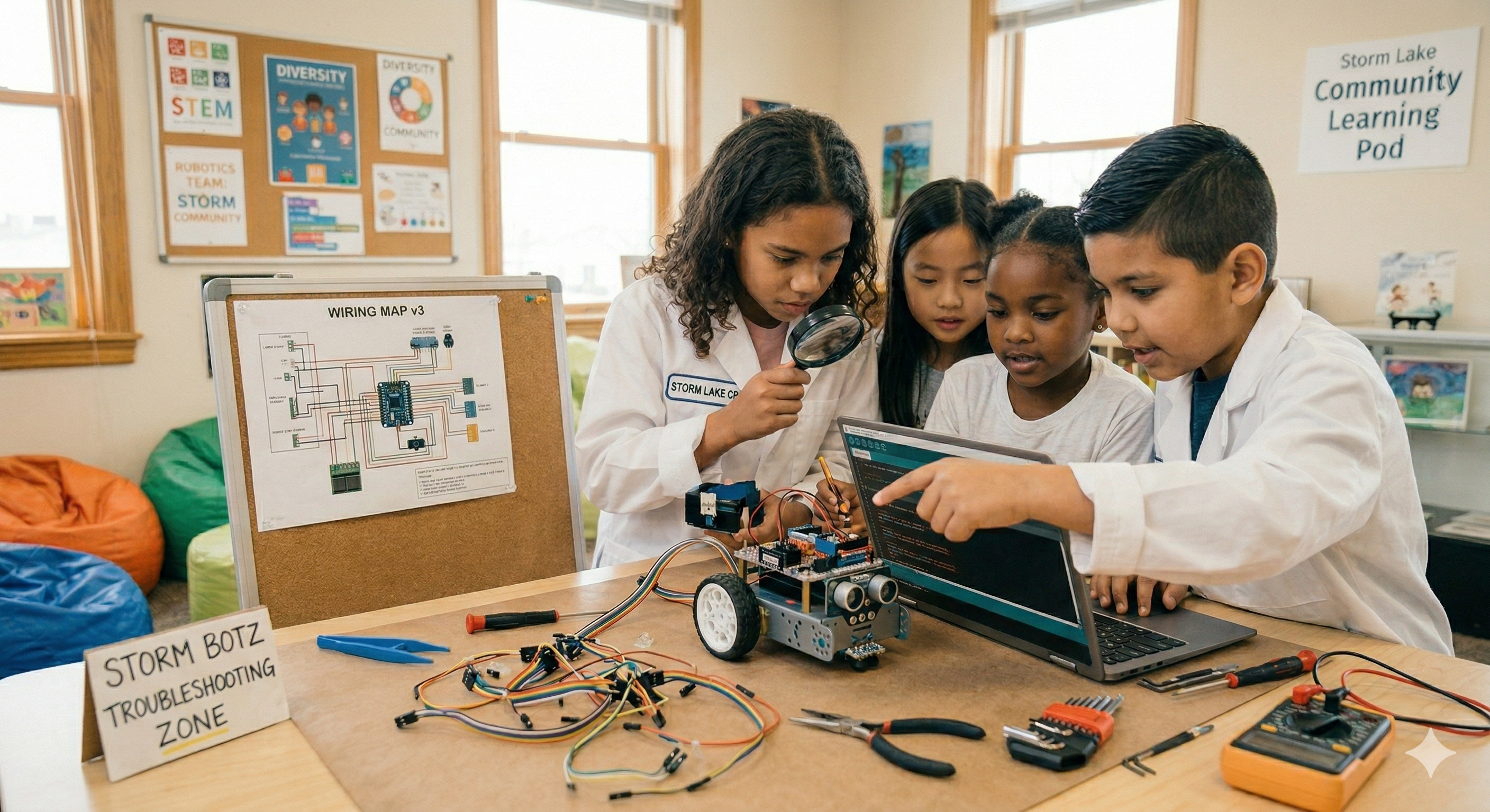 Students gathered around an engineering project troubleshooting together with wires tools and laptops