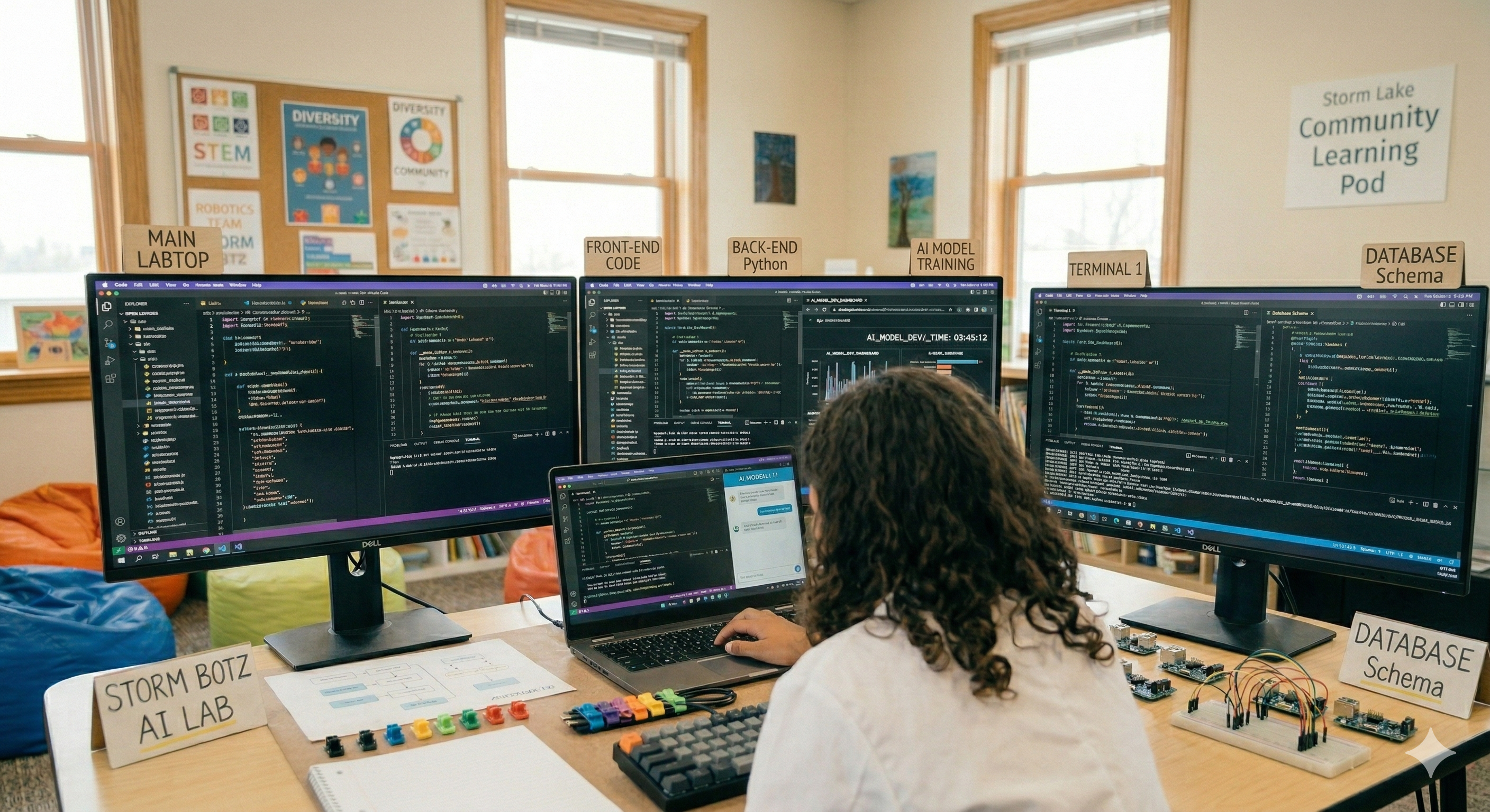 Young student at a laptop writing code in a modern tech classroom