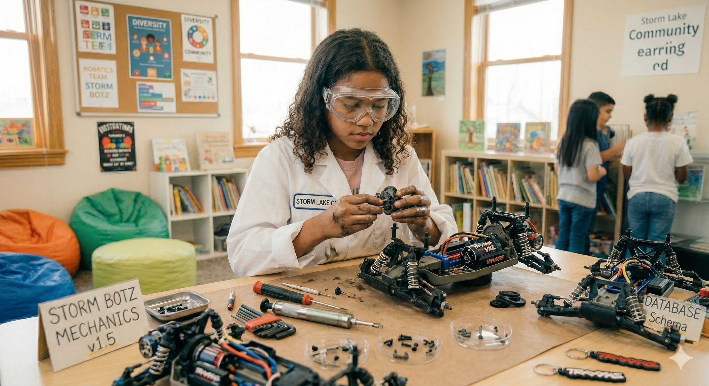 Student with safety goggles working on a mechanical project with gears and tools