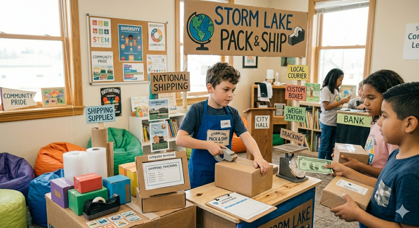 Kids running a small market or business simulation with handmade signs and mini storefront