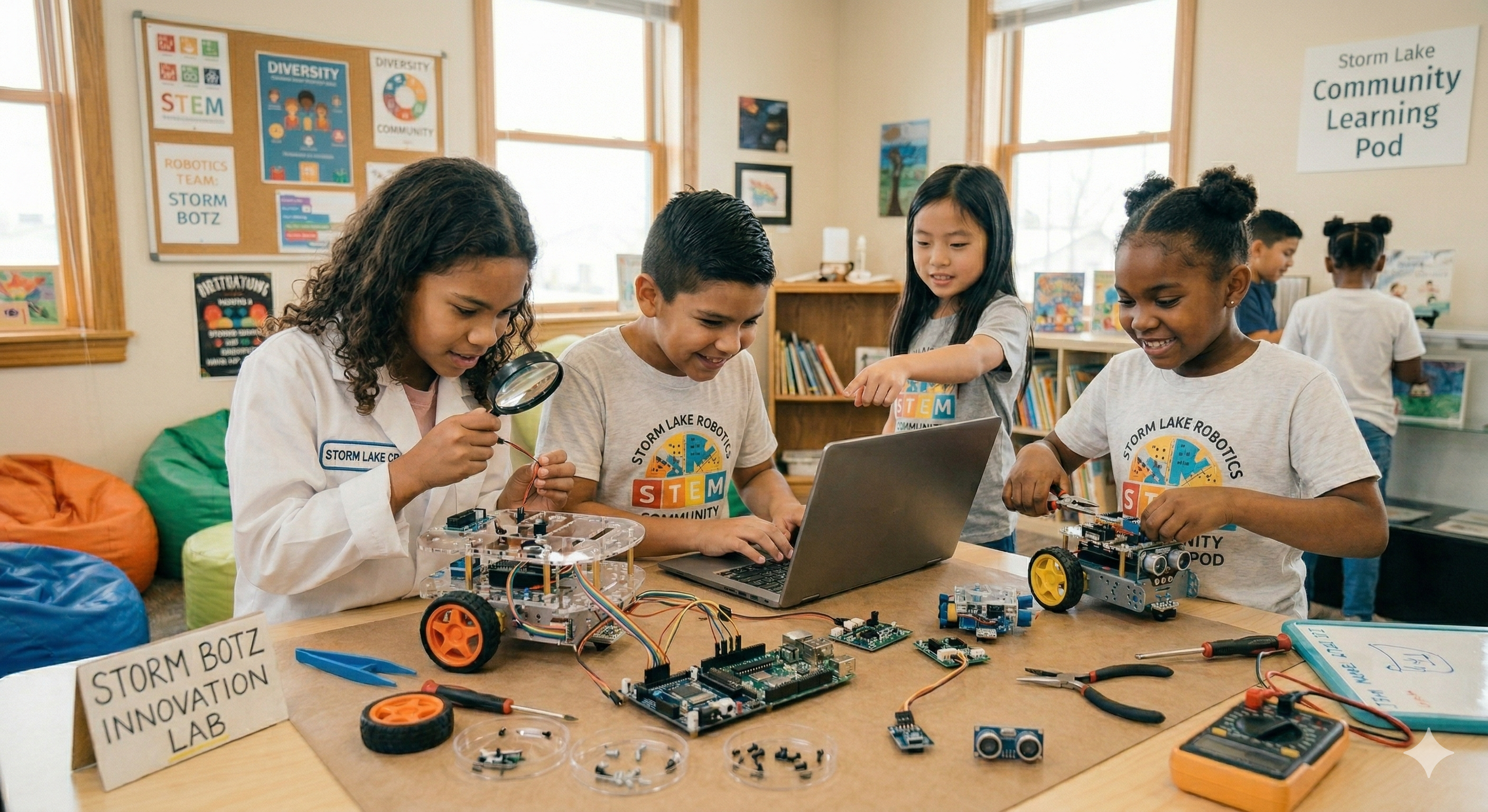 Kids building and programming a small robot with circuit boards and colorful wires