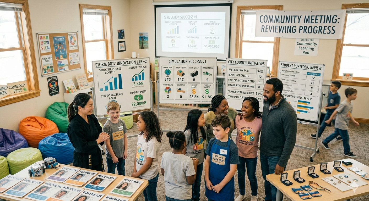 Community meeting with parents instructors and students gathered in a bright open space reviewing progress charts